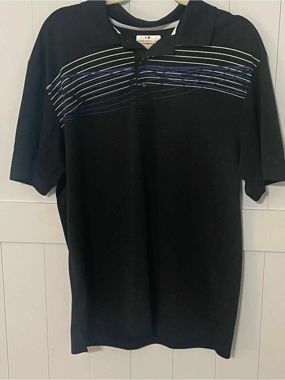 Grand Slam Black Polo with Blue & White Chest Stripes